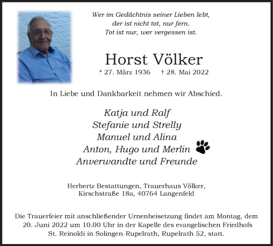 Traueranzeige von Horst Völker von WVW Anzeigenblätter
