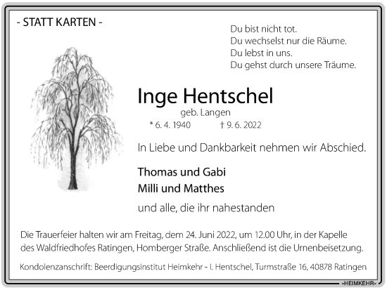 Traueranzeige von Inge Hentschel von WVW Anzeigenblätter