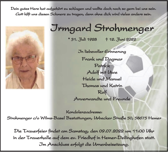 Traueranzeige von Irmagrd Strohmenger von WVW Anzeigenblätter