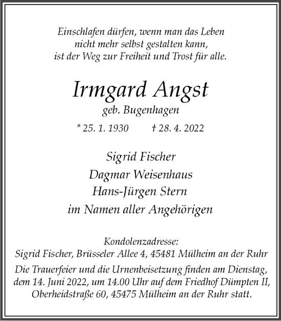 Traueranzeige von Irmgard Angst von WVW Anzeigenblätter