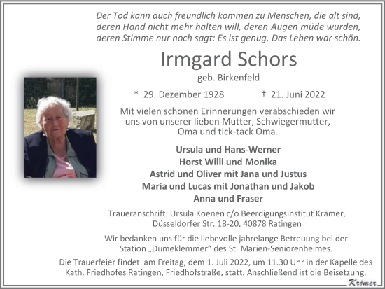 Traueranzeige von Irmgard Schors von WVW Anzeigenblätter