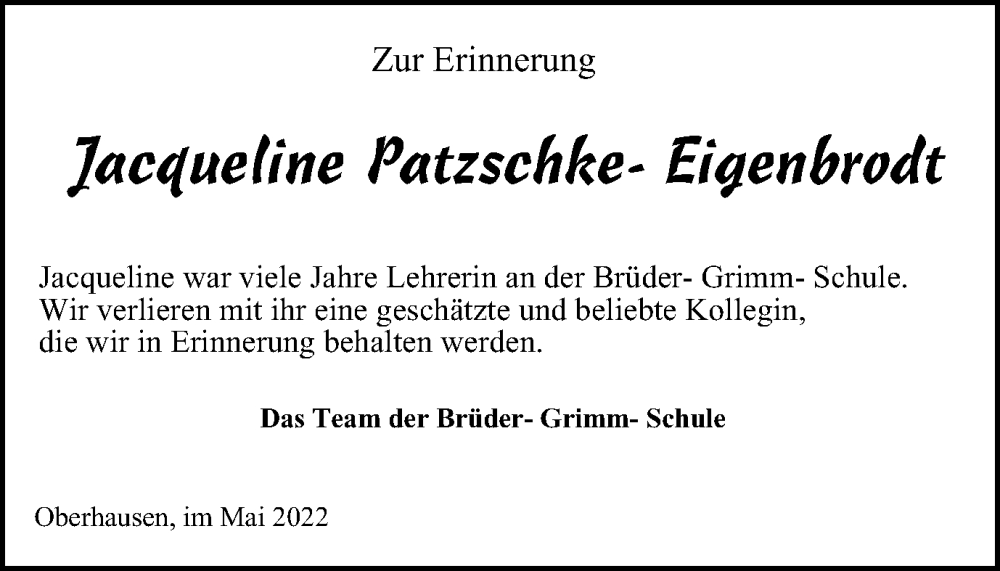  Traueranzeige für Jacqueline Patzschke-Eigenbrodt vom 11.06.2022 aus WVW Anzeigenblätter