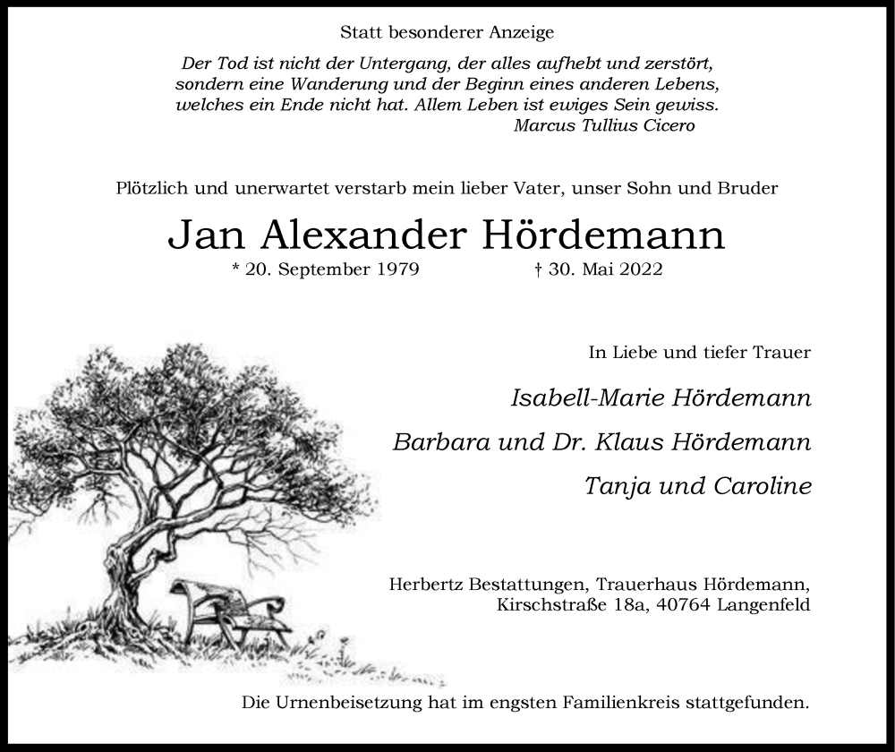  Traueranzeige für Jan Alexander Hördemann vom 11.06.2022 aus WVW Anzeigenblätter