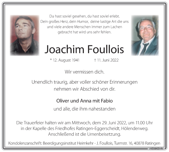 Traueranzeige von Joachim Foullois von WVW Anzeigenblätter