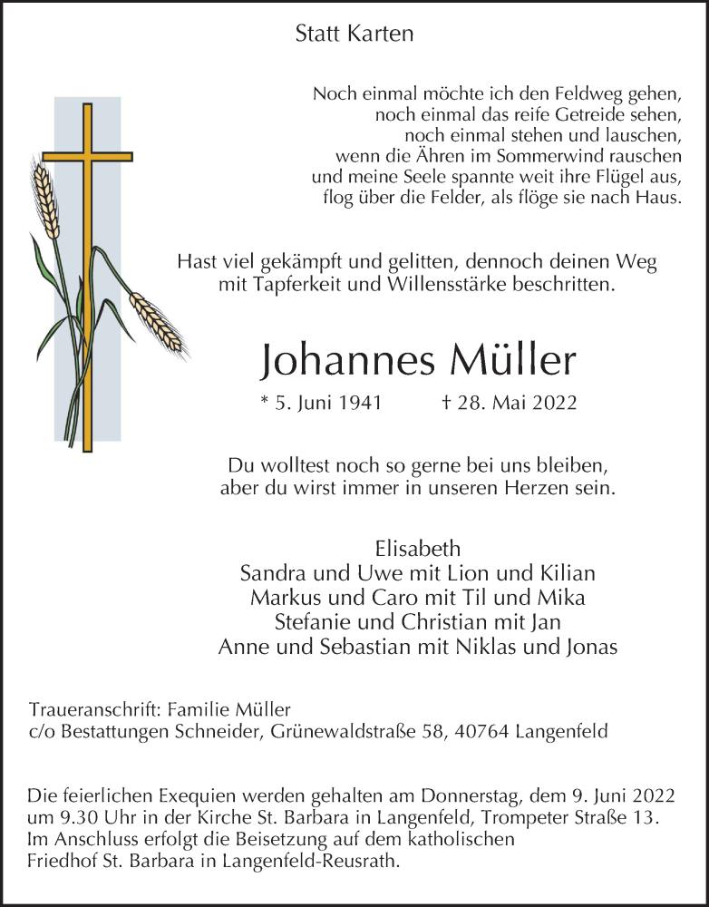  Traueranzeige für Johannes Müller vom 04.06.2022 aus WVW Anzeigenblätter