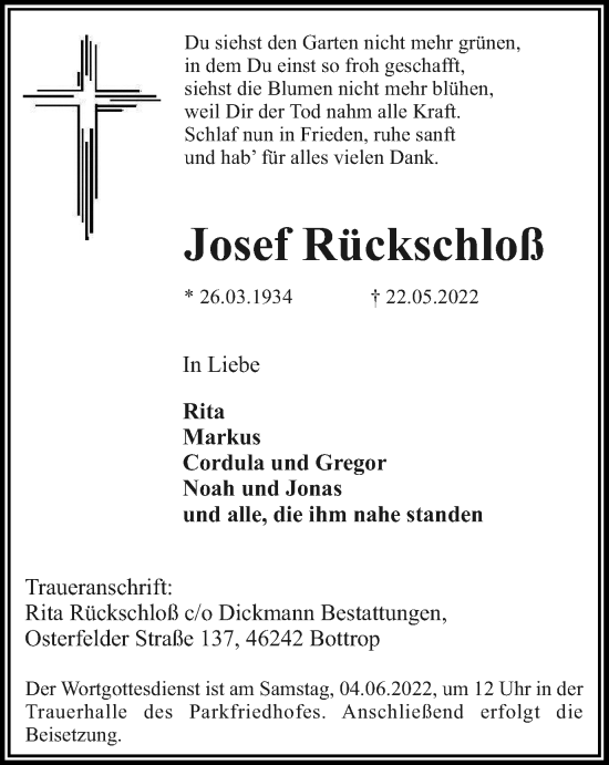 Traueranzeige von Josef Rückschloß von WVW Anzeigenblätter