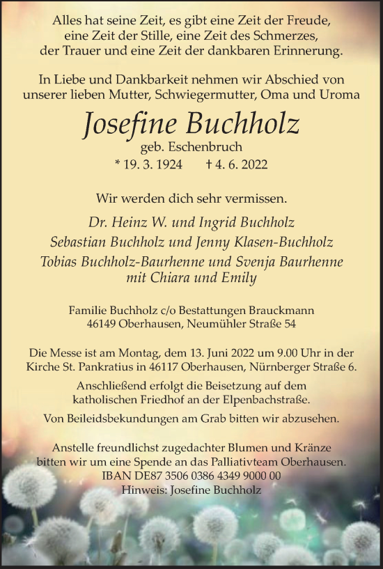 Traueranzeige von Josefine Buchholz von WVW Anzeigenblätter