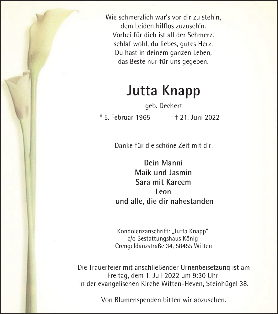  Traueranzeige für Jutta Knapp vom 25.06.2022 aus WVW Anzeigenblätter