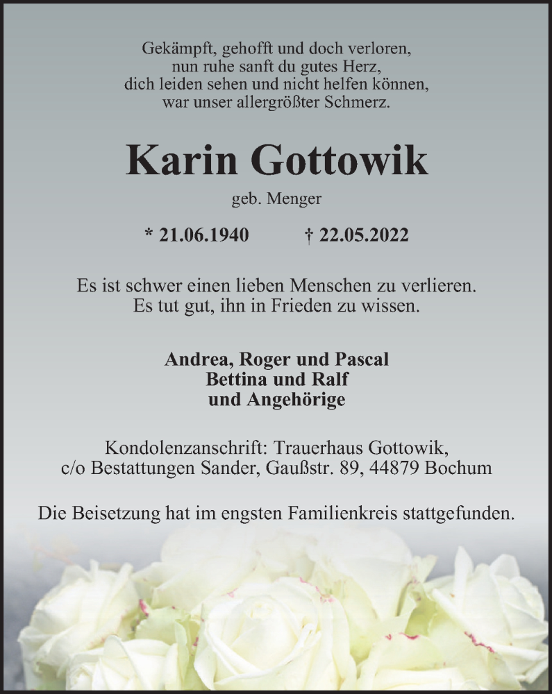  Traueranzeige für Karin Gottowik vom 04.06.2022 aus WVW Anzeigenblätter