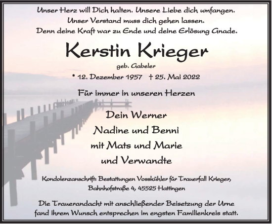 Traueranzeige von Kerstin Krieger von WVW Anzeigenblätter