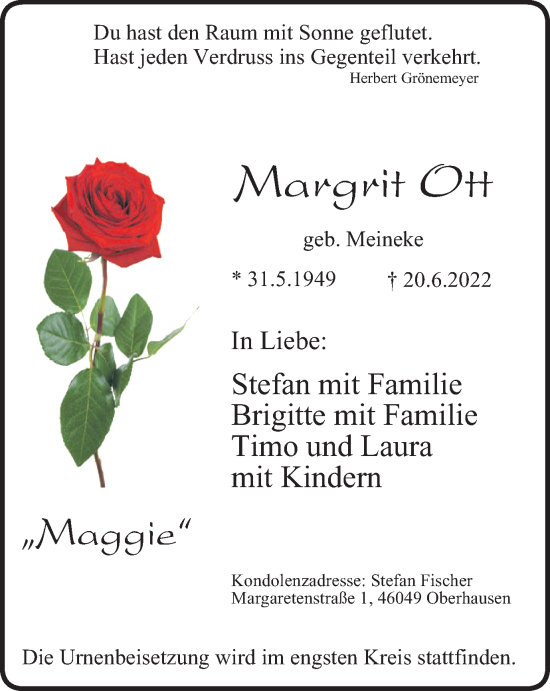 Traueranzeige von Margrit Ott von WVW Anzeigenblätter