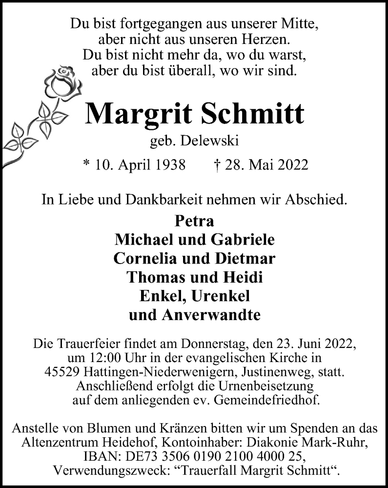  Traueranzeige für Margrit Schmitt vom 18.06.2022 aus WVW Anzeigenblätter