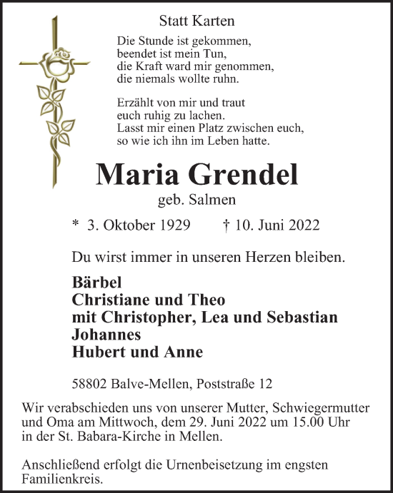 Traueranzeige von Maria Grendel von WVW Anzeigenblätter