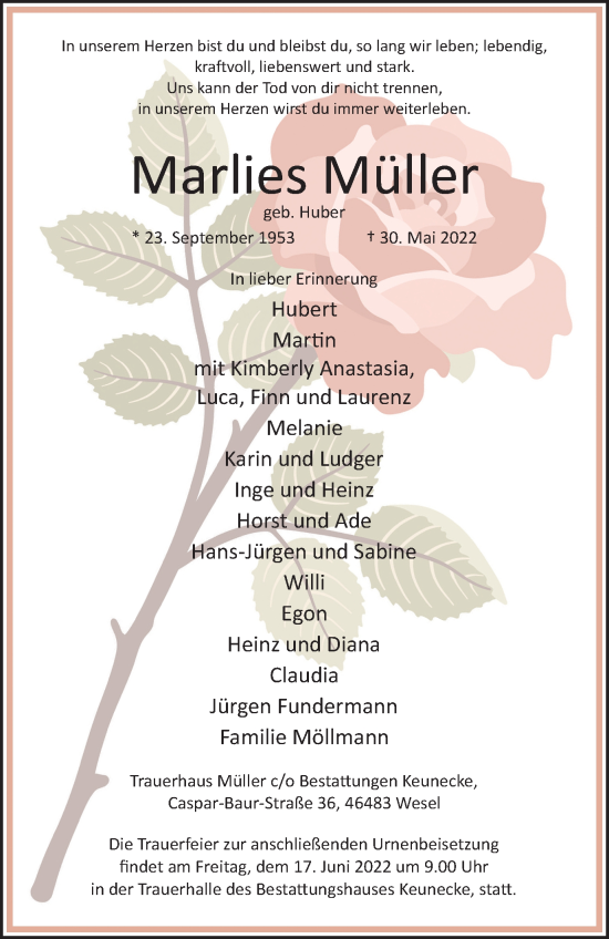 Traueranzeige von Marlies Müller von WVW Anzeigenblätter