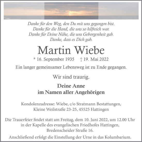 Traueranzeige von Martin Wiebe von WVW Anzeigenblätter