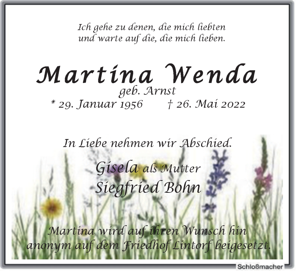  Traueranzeige für Martina Wenda vom 04.06.2022 aus WVW Anzeigenblätter