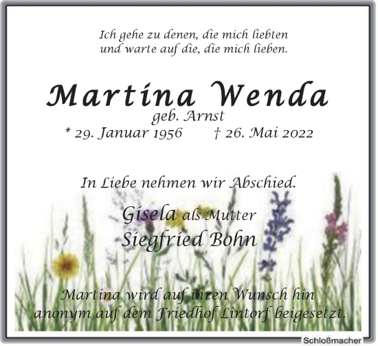 Traueranzeige von Martina Wenda von WVW Anzeigenblätter