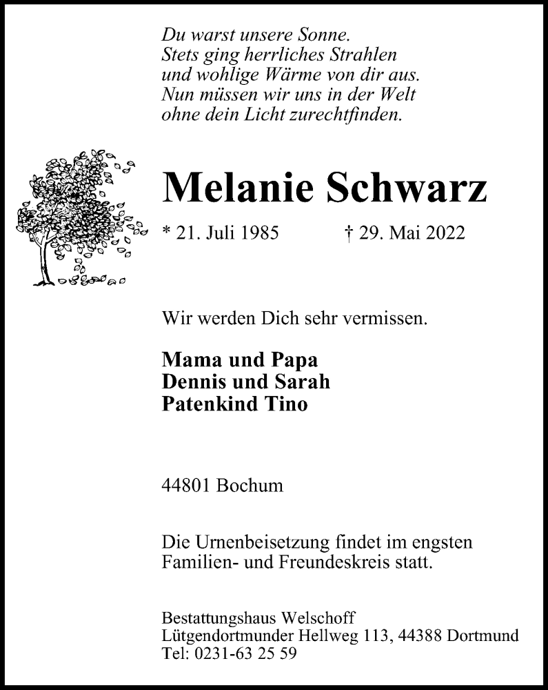  Traueranzeige für Melanie Schwarz vom 04.06.2022 aus WVW Anzeigenblätter
