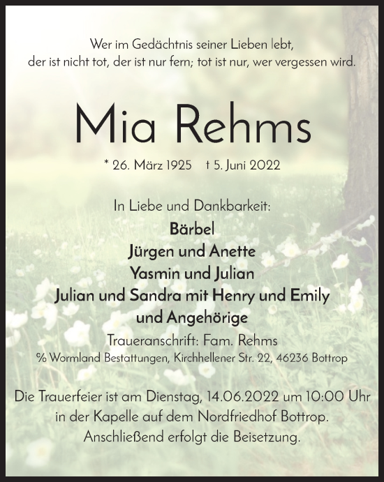 Traueranzeige von Mia Rehms von WVW Anzeigenblätter
