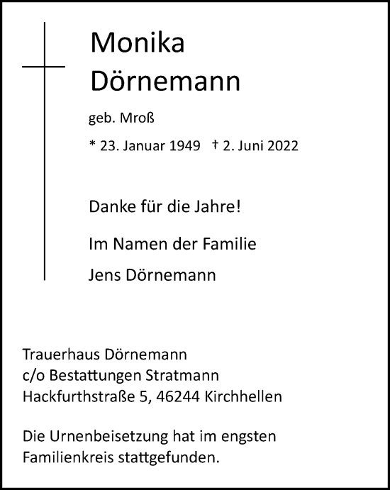 Traueranzeige von Monika Dörnemann von WVW Anzeigenblätter