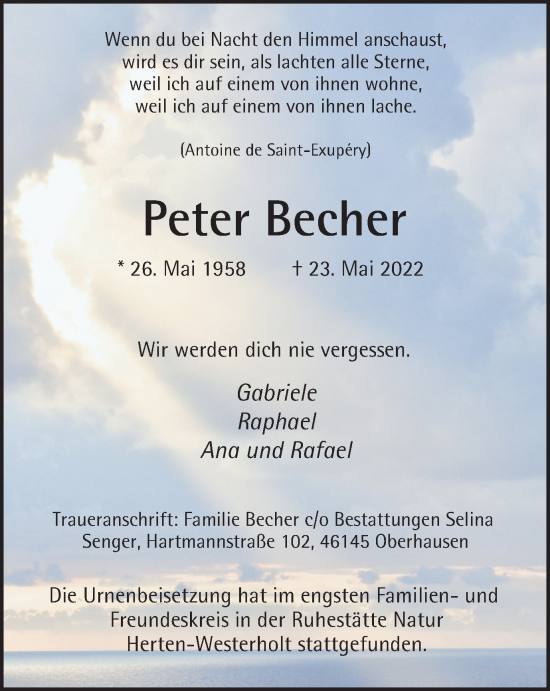 Traueranzeige von Peter Becher von WVW Anzeigenblätter