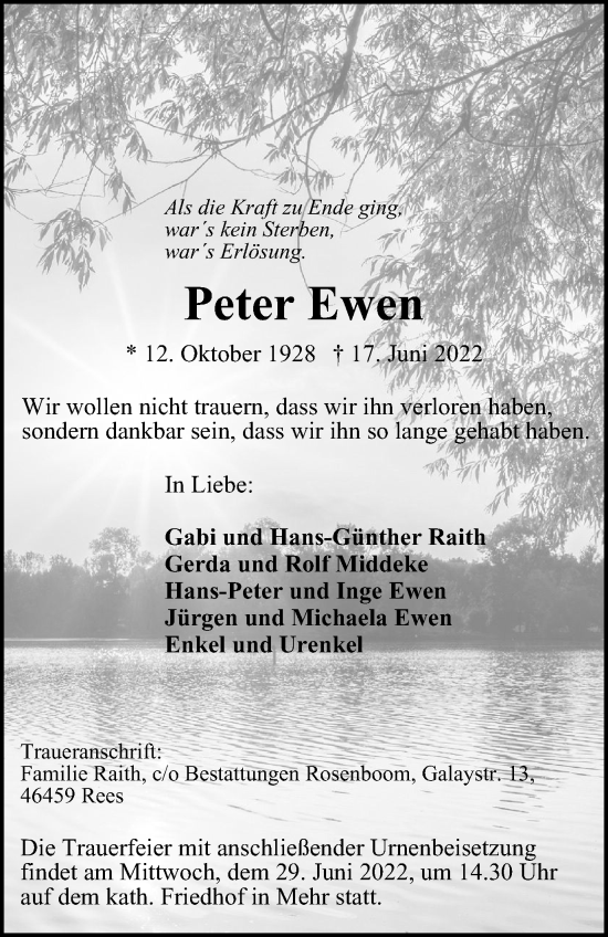 Traueranzeige von Peter Ewen von WVW Anzeigenblätter