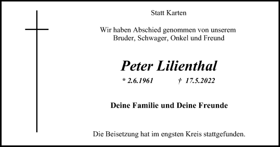 Traueranzeige von Peter Lilienthal von WVW Anzeigenblätter