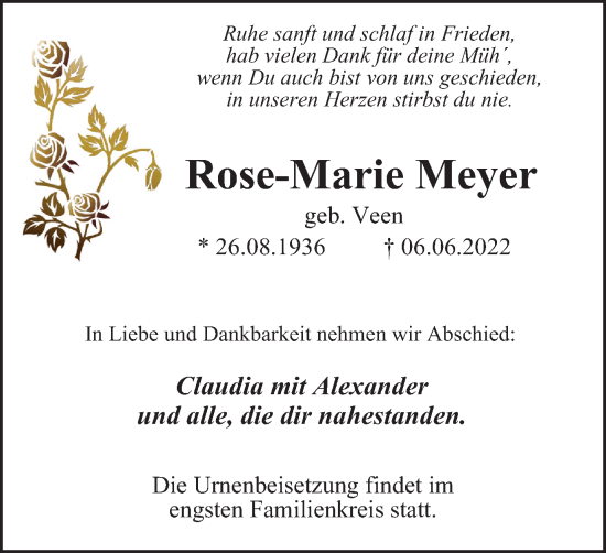 Traueranzeige von Rose-Marie Meyer von WVW Anzeigenblätter