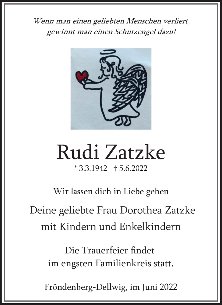  Traueranzeige für Rudi Zatzke vom 11.06.2022 aus WVW Anzeigenblätter