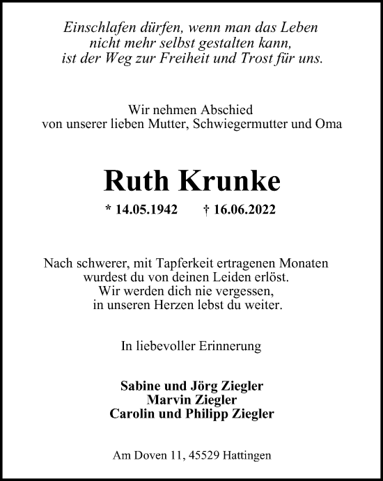 Traueranzeige von Ruth Krunke von WVW Anzeigenblätter