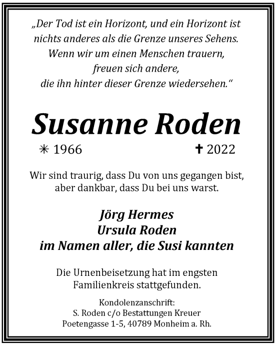 Traueranzeige von Susanne Roden von WVW Anzeigenblätter