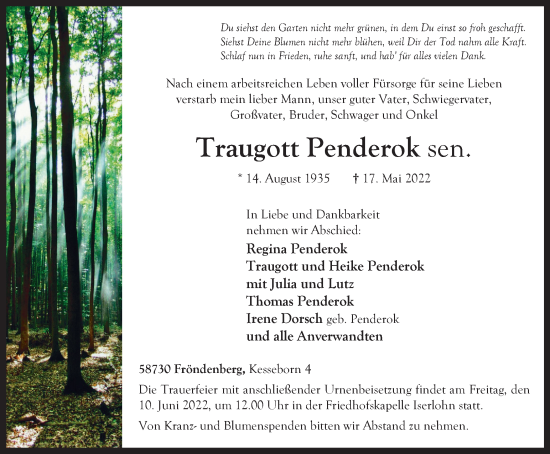 Traueranzeige von Traugott Penderok von WVW Anzeigenblätter