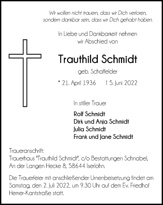 Traueranzeige von Trauthild Schmidt von WVW Anzeigenblätter