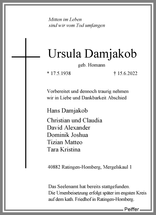 Traueranzeige von Ursula Damjakob von WVW Anzeigenblätter