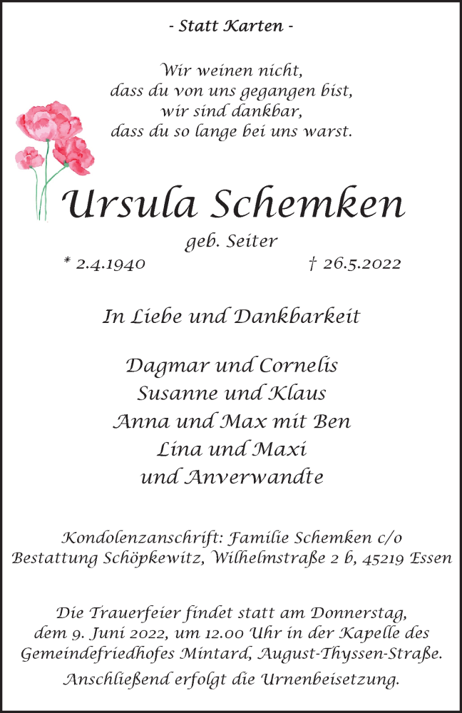  Traueranzeige für Ursula Schemken vom 04.06.2022 aus WVW Anzeigenblätter