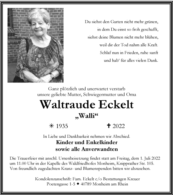 Traueranzeige von Waltraude Eckelt von WVW Anzeigenblätter