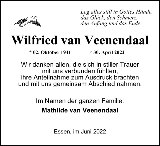 Traueranzeige von Wilfried van Veenendaal von WVW Anzeigenblätter