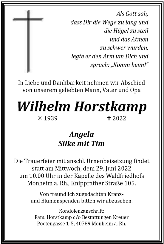Traueranzeige von Wilhelm Horstkamp von WVW Anzeigenblätter