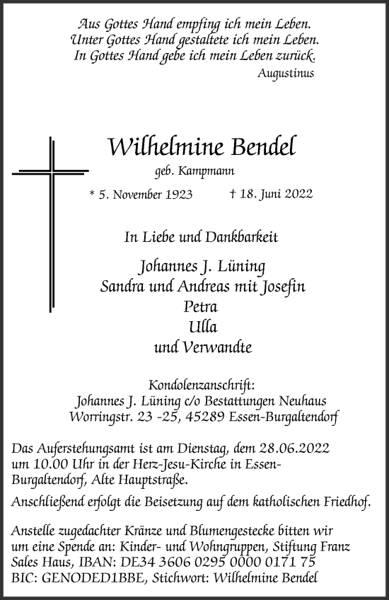 Traueranzeige von Wilhelmine Bendel von WVW Anzeigenblätter