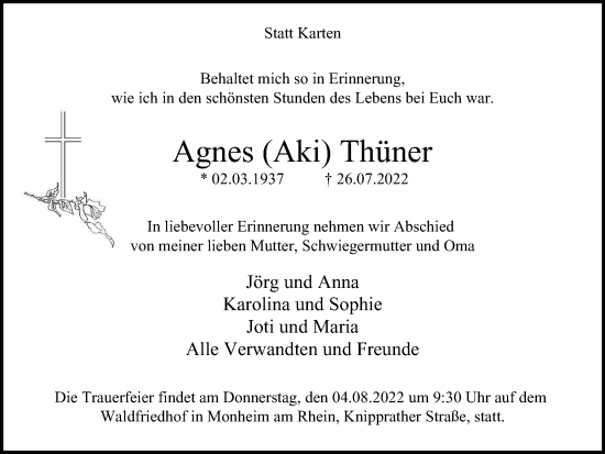 Traueranzeige von Agnes Thüner von WVW Anzeigenblätter