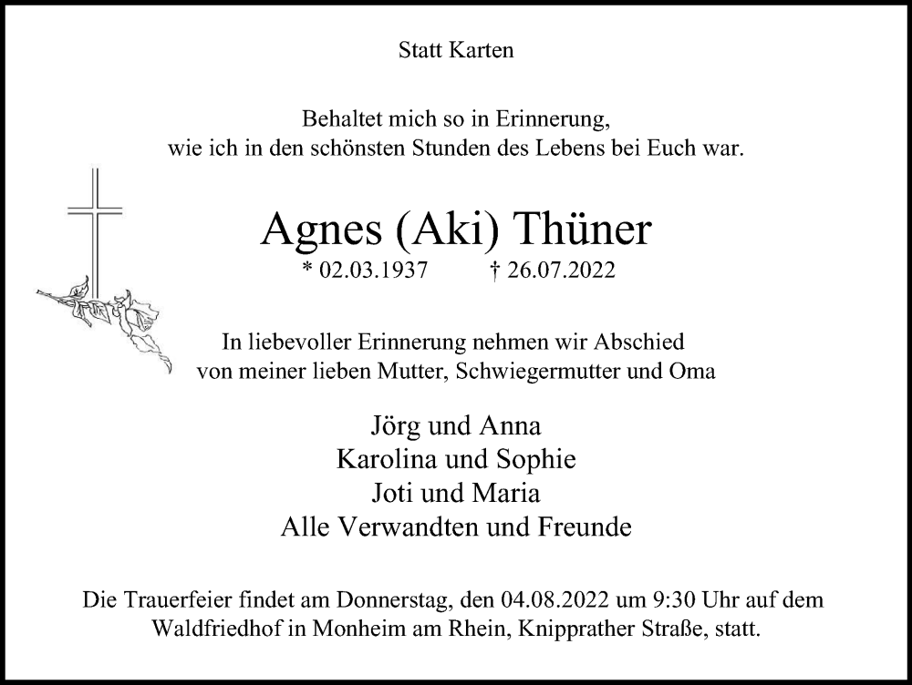  Traueranzeige für Agnes Thüner vom 30.07.2022 aus WVW Anzeigenblätter