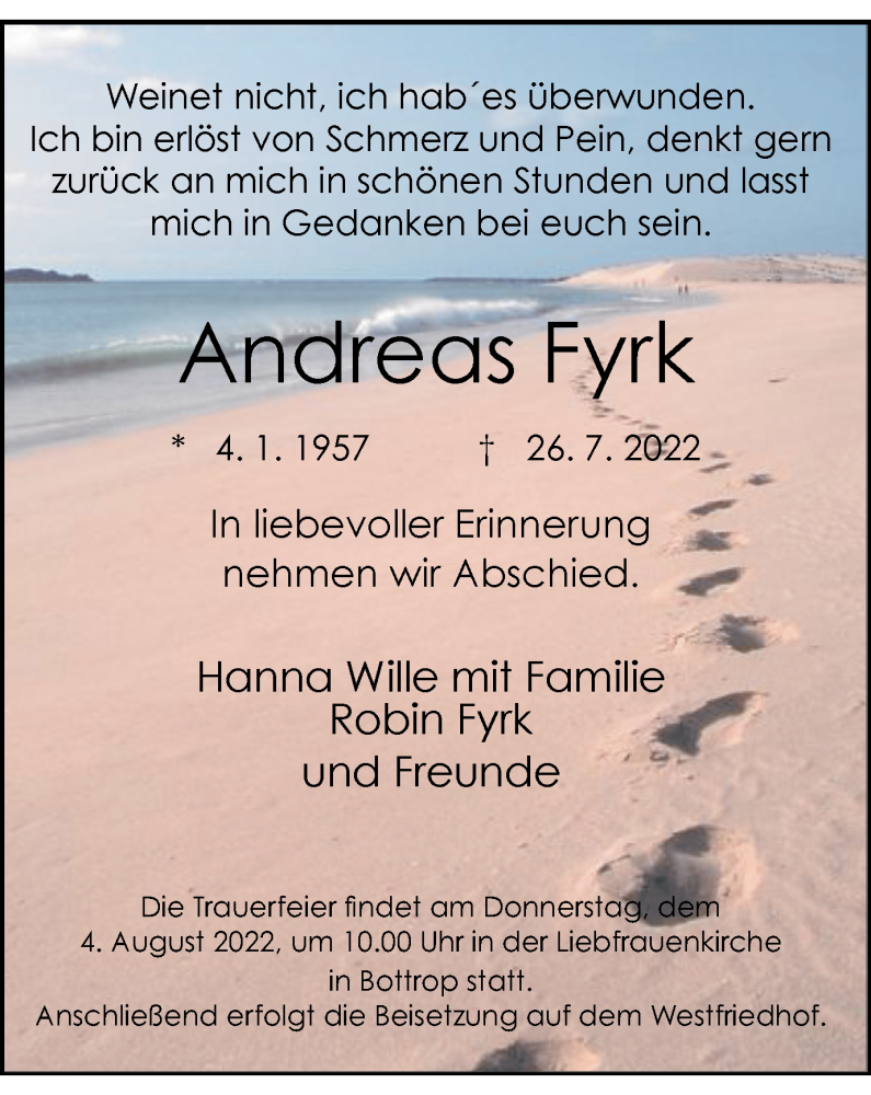  Traueranzeige für Andreas Fyrk vom 30.07.2022 aus WVW Anzeigenblätter