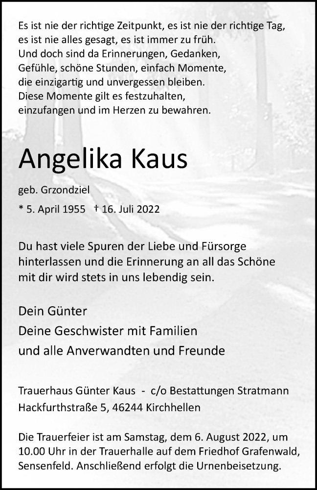  Traueranzeige für Angelika Kaus vom 30.07.2022 aus WVW Anzeigenblätter