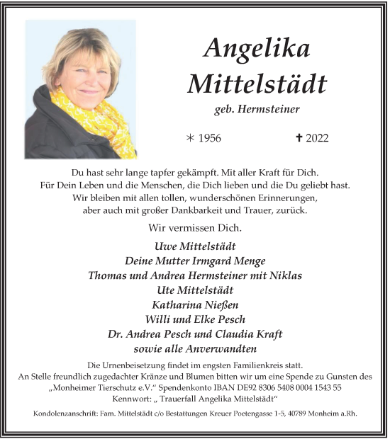 Traueranzeige von Angelika Mittelstädt von WVW Anzeigenblätter