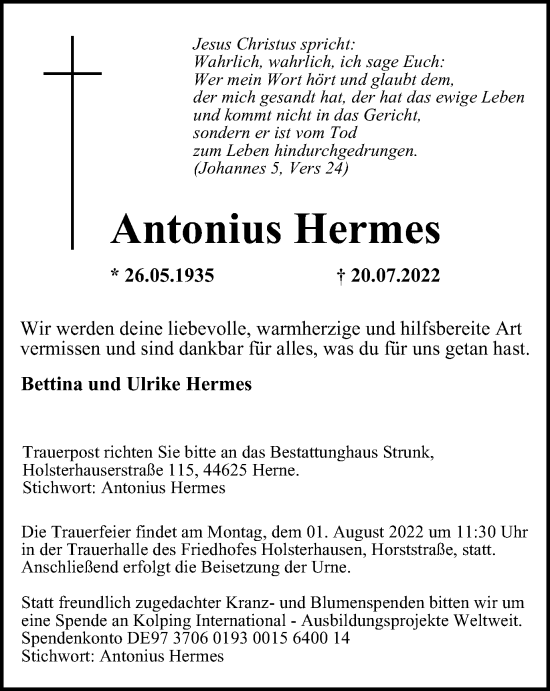 Traueranzeige von Antonius Hermes von WVW Anzeigenblätter