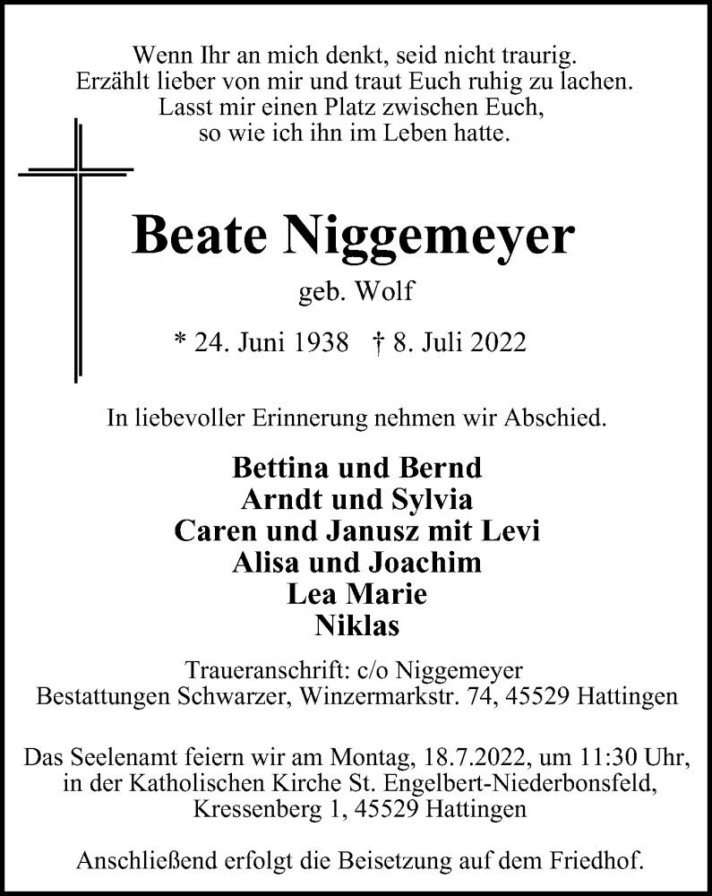  Traueranzeige für Beate Niggemeyer vom 16.07.2022 aus WVW Anzeigenblätter