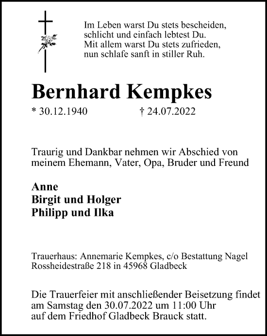 Traueranzeige von Bernhard Kempkes von WVW Anzeigenblätter