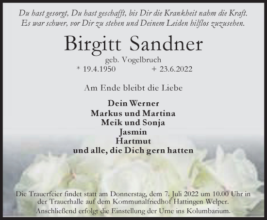 Traueranzeige von Birgitt Sandner von WVW Anzeigenblätter