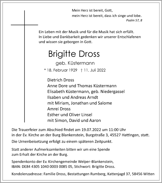 Traueranzeige von Brigitte Dross von WVW Anzeigenblätter