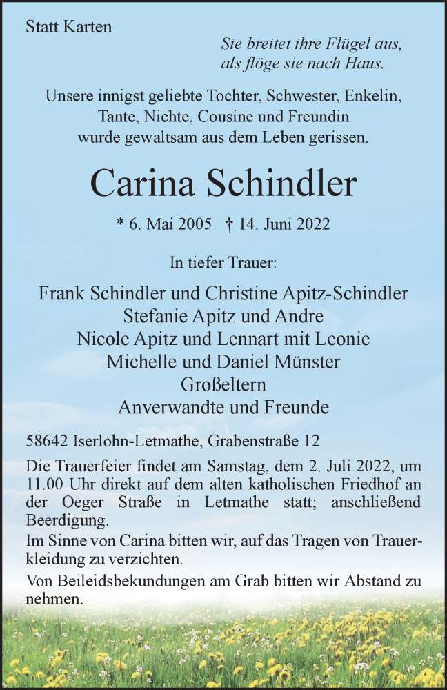  Traueranzeige für Carina Schindler vom 02.07.2022 aus WVW Anzeigenblätter